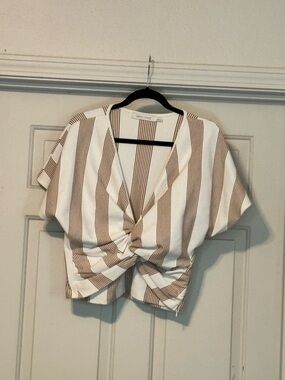 bishop + young Brown and White Striped Twist-Front Crop Top